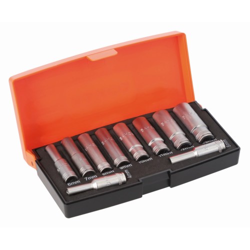 Juego de vasos serie larga, con cuadrado de 1/4" y con perfil hexagonal métrico | S0810L