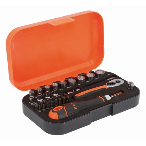 Juego de llaves de vaso y puntas de 1/4" con perfil hexagonal métrico y portapuntas de carraca - 34 piezas | S34MC8H