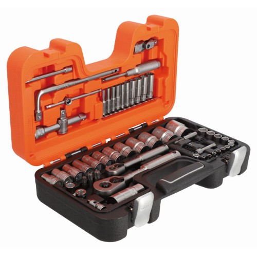 Juego de Vasos de 1/4" y 1/2" con perfil métrico Bi-Hex y carraca con mango metálico - 56 piezas | S560MH