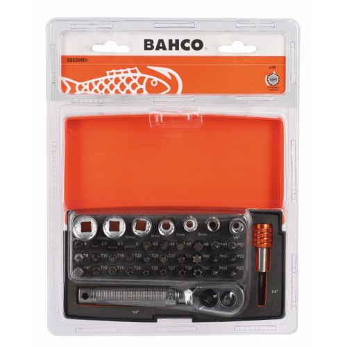 Juego de llaves de vaso cuadradas de 1/4" con perfil métrico bi-hex y puntas de destornillador/soporte de puntas Paquete al por menor- 39 piezas | SBS39MH