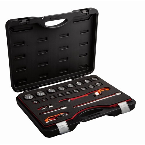 Juego de vasos de 1/2" con perfil hexagonal métrico y carraca con cabeza tipo pera, apto para trabajos en altura (22&nbsp;piezas) | TAH16BM/22