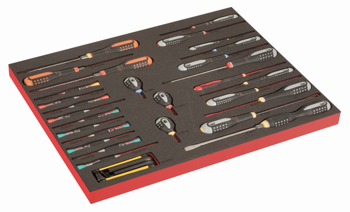 Destornilladores ERGO, destornilladores de precisión y llaves acodadas en bandeja de foam 3/3 Fit&Go con marcado láser (37 piezas) | FF1A201LM