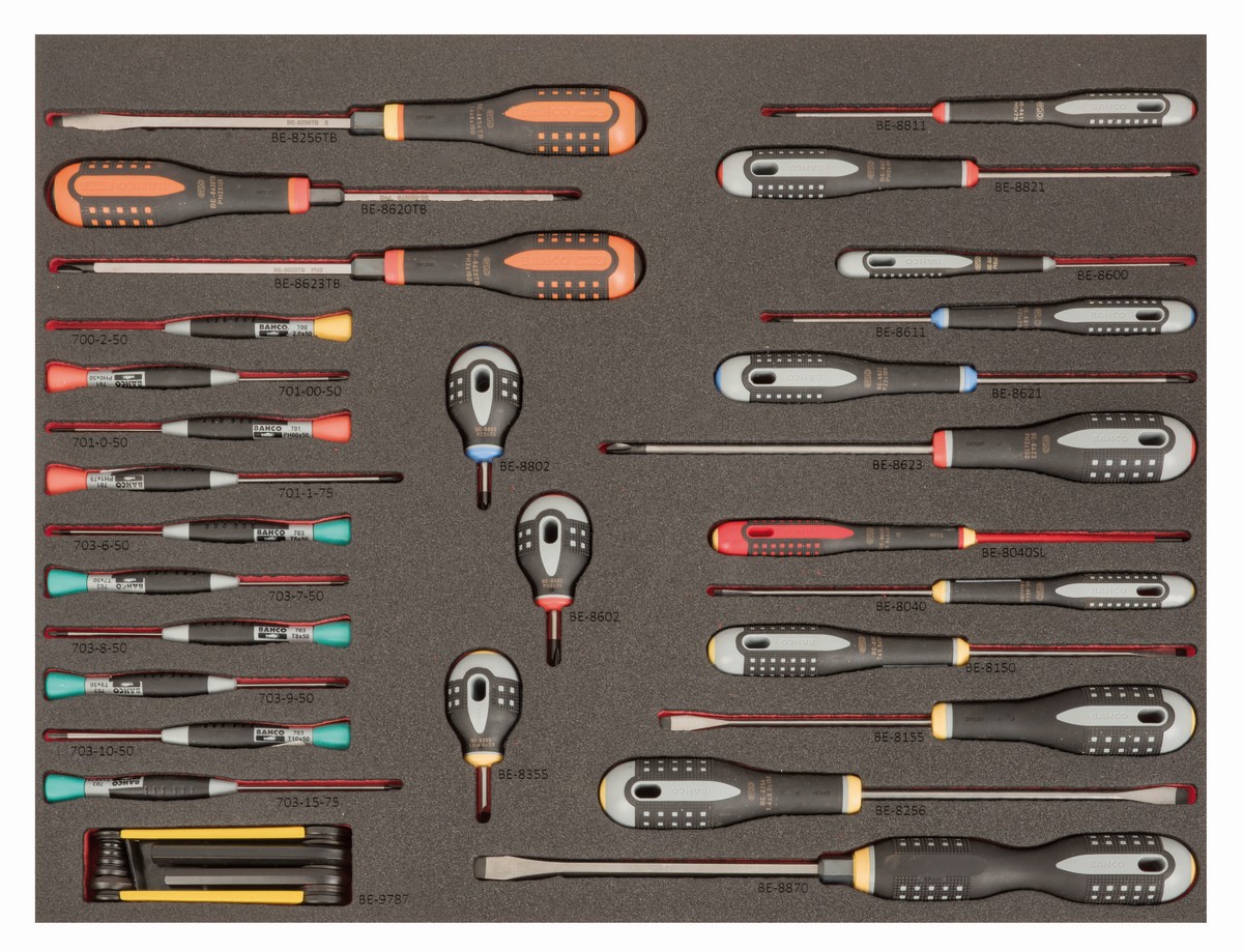 Destornilladores ERGO, destornilladores de precisión y llaves acodadas en bandeja de foam 3/3 Fit&Go con marcado láser (37 piezas) | FF1A201LM