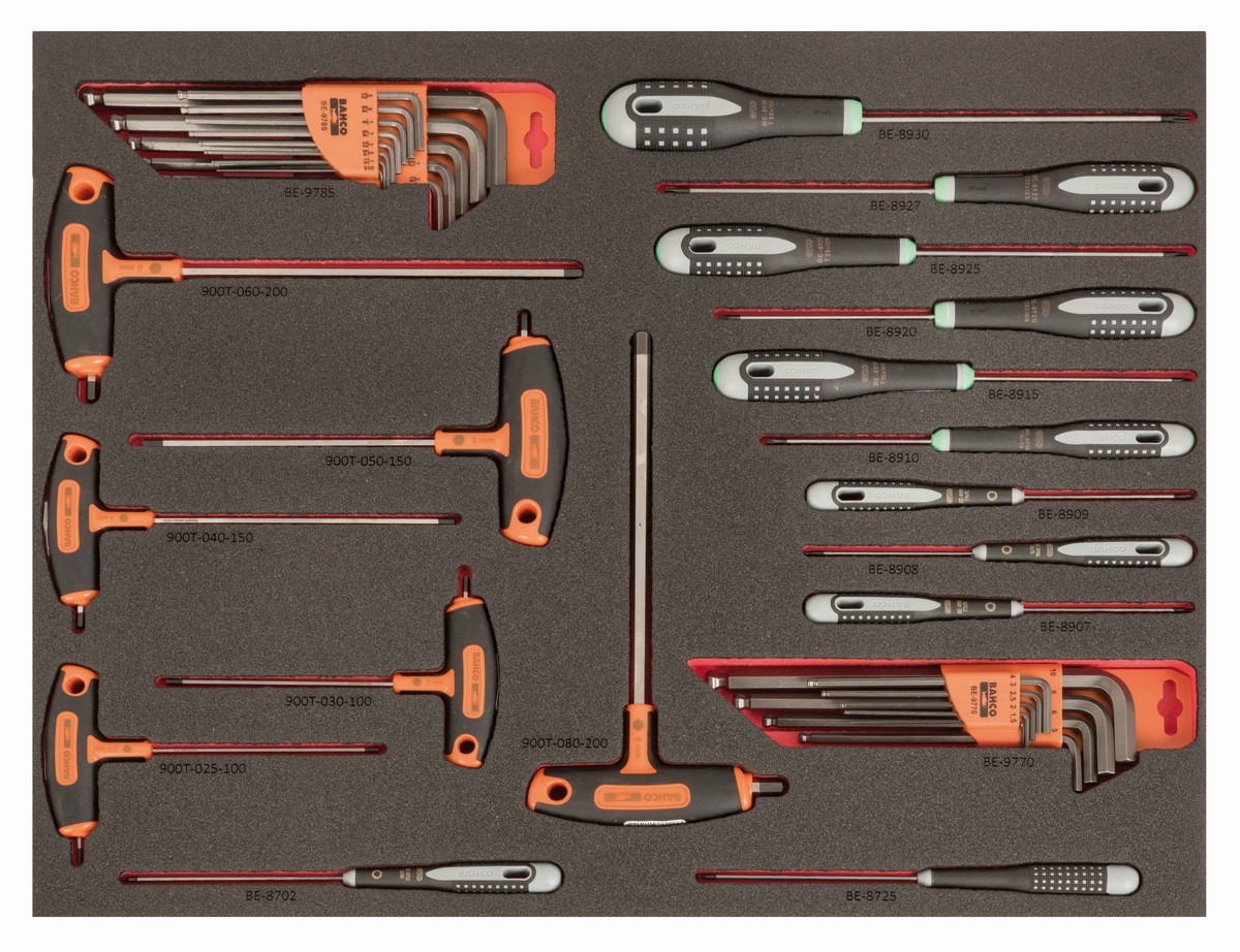 Destornilladores ERGO, destornilladores mango en T y llaves acodadas en bandeja de foam 3/3 Fit&Go con marcado láser (39 piezas) | FF1A202LM