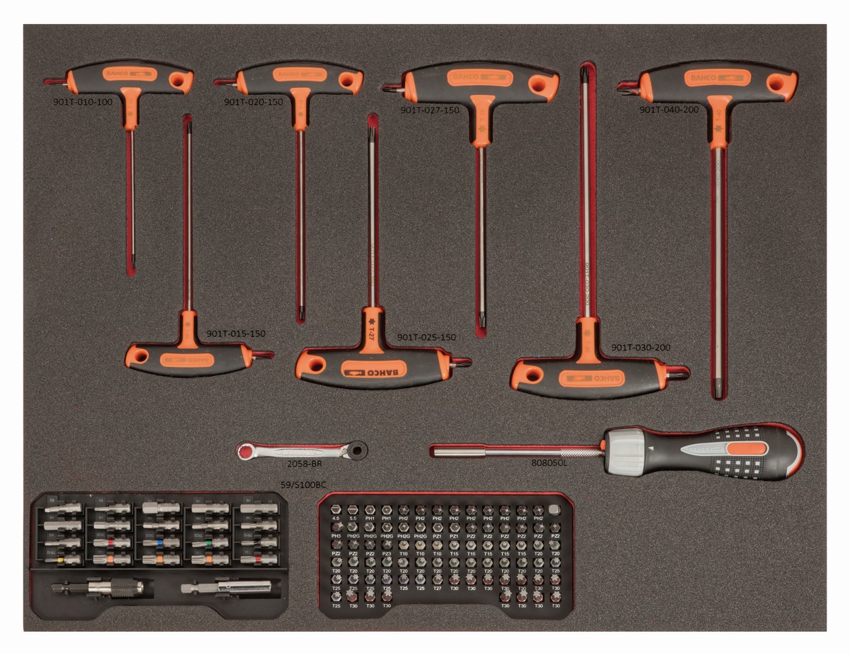 Destornilladores a carraca, destornilladores mango en T y juego de puntas en bandeja de foam 3/3 Fit&Go con marcado láser (39 piezas) | FF1A203LM