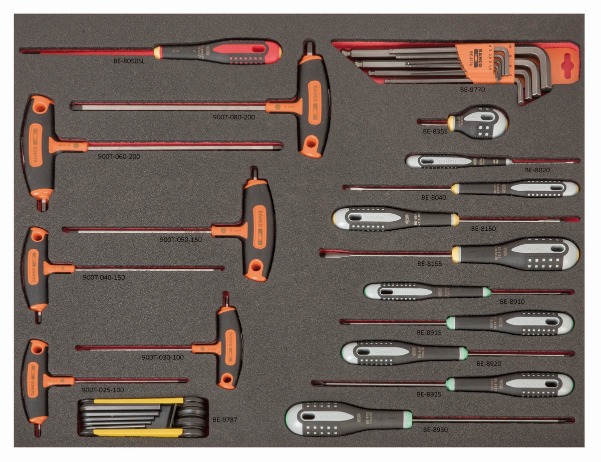 Destornilladores ERGO, destornilladores mango en T y llaves acodadas en bandeja de foam 3/3 Fit&Go con marcado láser (35 piezas) | FF1A211LM