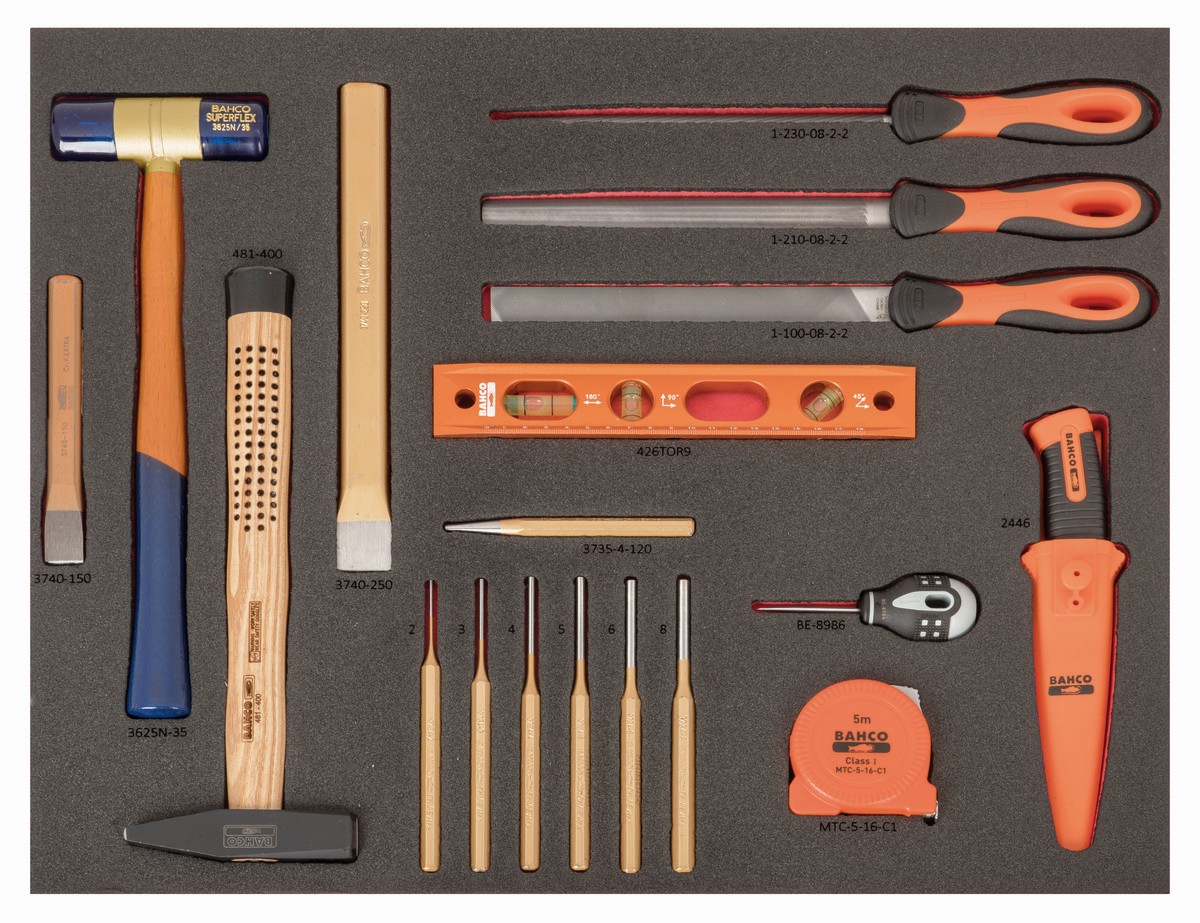 Destornilladores ERGO, destornilladores mango en T y llaves acodadas en bandeja de foam 3/3 Fit&Go con marcado láser (18 piezas) | FF1A212LM