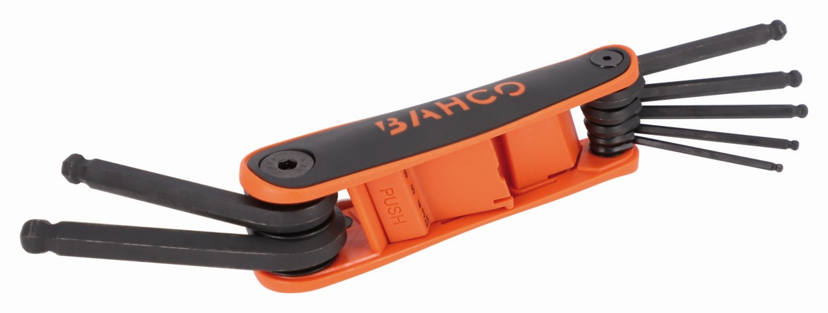 Juego de llaves hexagonales tipo allen en navaja, con bola, métricas y con mango bi-componente (7 piezas) | BE-9776B