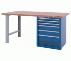 Banco de trabajo con baja altura encimera DM con dos patas y carro 6 cajones | 1495KH6WBTD