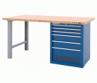 Banco de trabajo con baja altura encimera madera con dos patas y carro 6 cajones | 1495KH6WBTW