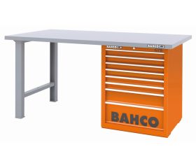 Banco de trabajo con baja altura encimera acero con dos patas y carro 8 cajones | 1495KH8WBTS