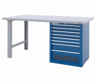 Banco de trabajo con baja altura encimera acero con dos patas y carro 8 cajones | 1495KH8WBTS