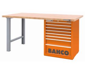 Banco de trabajo con baja altura encimera madera con dos patas y carro 8 cajones | 1495KH8WBTW