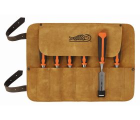 Juego de cinceles profesionales con mango bi-componente en un estuche enrollable de cuero (6 piezas) | 424P-S6-LR