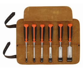 Juego de cinceles profesionales con mango bi-componente en un estuche enrollable de cuero (6 piezas) | 424P-S6-LR