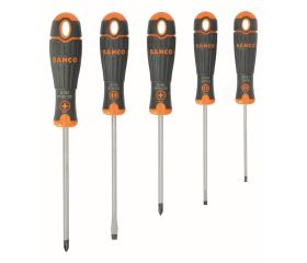 Juego de 5 destornilladores para ranurados y Pozidriv BahcoFit con mango de goma | B219.015