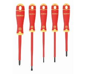 Juego de destornilladores Phillips y ranurados aislados VDE BahcoFit con mango multicomponente - cinco unidades | B220.005