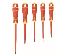 Juego de destornilladores Pozidriv y ranurados aislados VDE BahcoFit con mango multicomponente - cinco unidades | B220.015