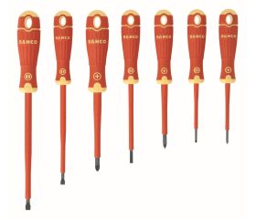Juego de destornilladores ranurados y Pozidriv aislados VDE BahcoFit con mango multicomponente (7 piezas) | B220.017