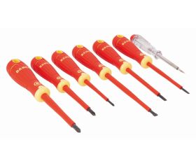 Juego de destornilladores aislados VDE BahcoFit con mango multicomponente y comprobador de tensión de 150 V-250 V - siete unidades | B220.027