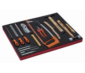 Composición de herramientas de afilado y golpeo con arco de sierra en bandeja de foam 3/3 Fit&Go, 15 piezas | FF1A07