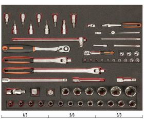 Juego de carraca de cabeza redonda y vasos en bandeja de foam 3/3 Fit&Go, 59 piezas | FF1A137