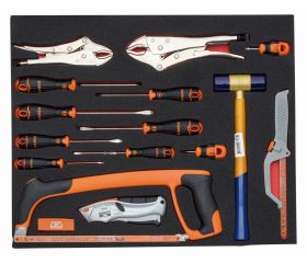 Bandeja de foam 3/3 de Bahco Fit&Go con herramientas de corte y golpeo y destornilladores, 16 piezas | FF1A147