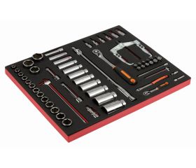 Juego de extractor, carraca de cabeza redonda y vasos en bandeja de foam 3/3 Fit&Go, 58 piezas | FF1A22