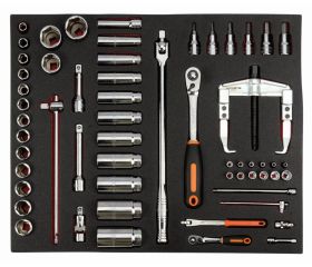 Juego de extractor, carraca de cabeza redonda y vasos en bandeja de foam 3/3 Fit&Go, 58 piezas | FF1A22