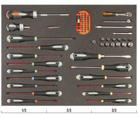 Juego de destornilladores, carraca, vasos y puntas en bandeja de foam 3/3 Fit&Go con marcado láser (22 piezas) | FF1A30NB