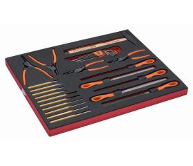 Juego de llaves hexagonales, alicates para arandelas, herramientas de golpeo y limas en bandeja de foam 3/3 Fit&Go (30 piezas) | FF1A68