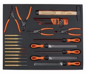 Juego de llaves hexagonales, alicates para arandelas, herramientas de golpeo y limas en bandeja de foam 3/3 Fit&Go (30 piezas) | FF1A68