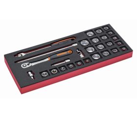 Juego de carraca de cabeza tipo pera y vasos de 3/8