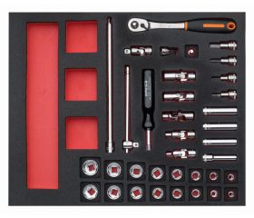 Juego de carraca de cabeza tipo pera y vasos de 3/8