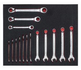 Juego de llaves combinadas métricas y llaves dobles de estrella planas a carraca en bandeja de foam 2/3 Fit&Go (13 piezas) | FF1F3011