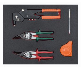 Juego de tijeras cortachapas, remachadora y cinta métrica en bandeja de foam 2/3 Fit&Go (5 piezas) | FF1F5002