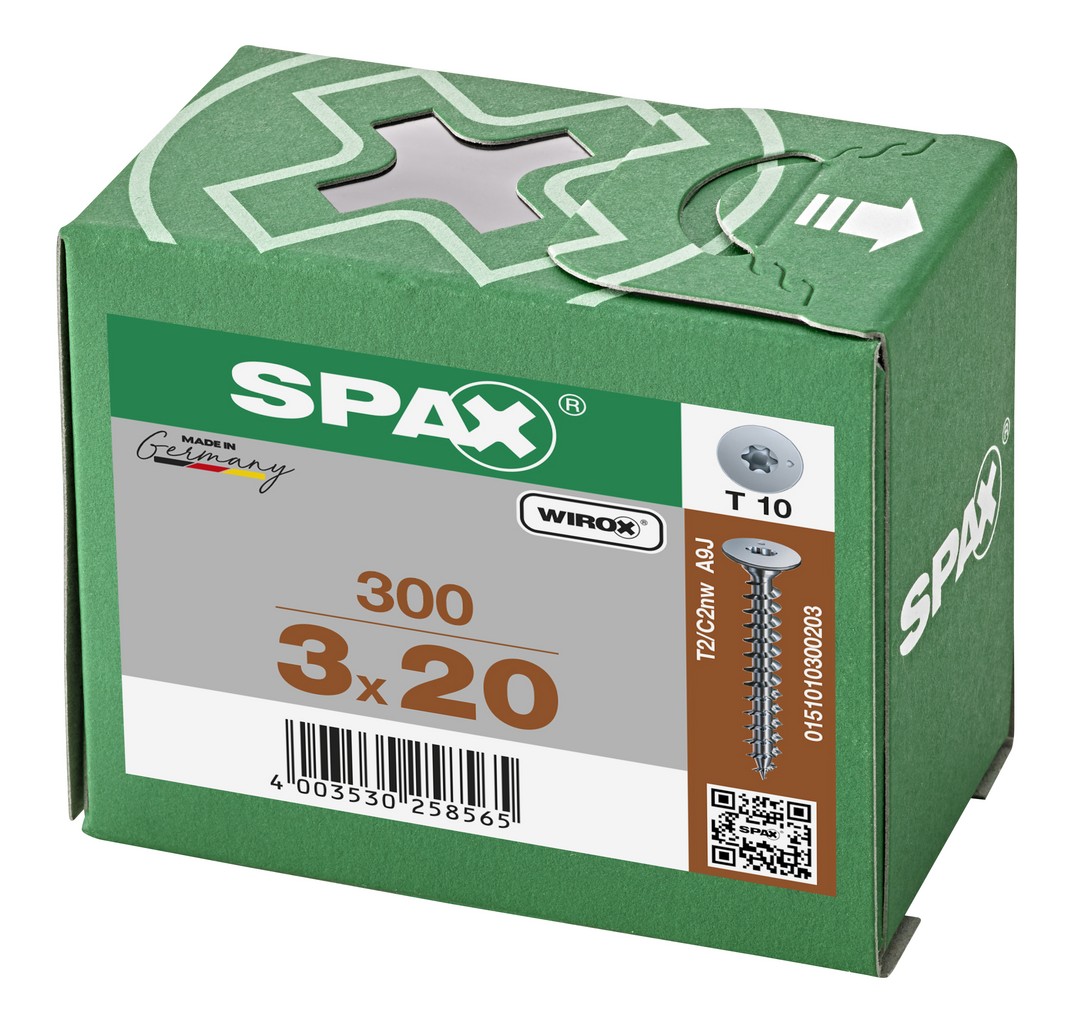 SPAX Cabeza de unión plana para paredes traseras, 3,0 x 20 mm, 300 unidades, rosca completa, cabeza de unión, T-STAR plus, 4CUT, WIROX