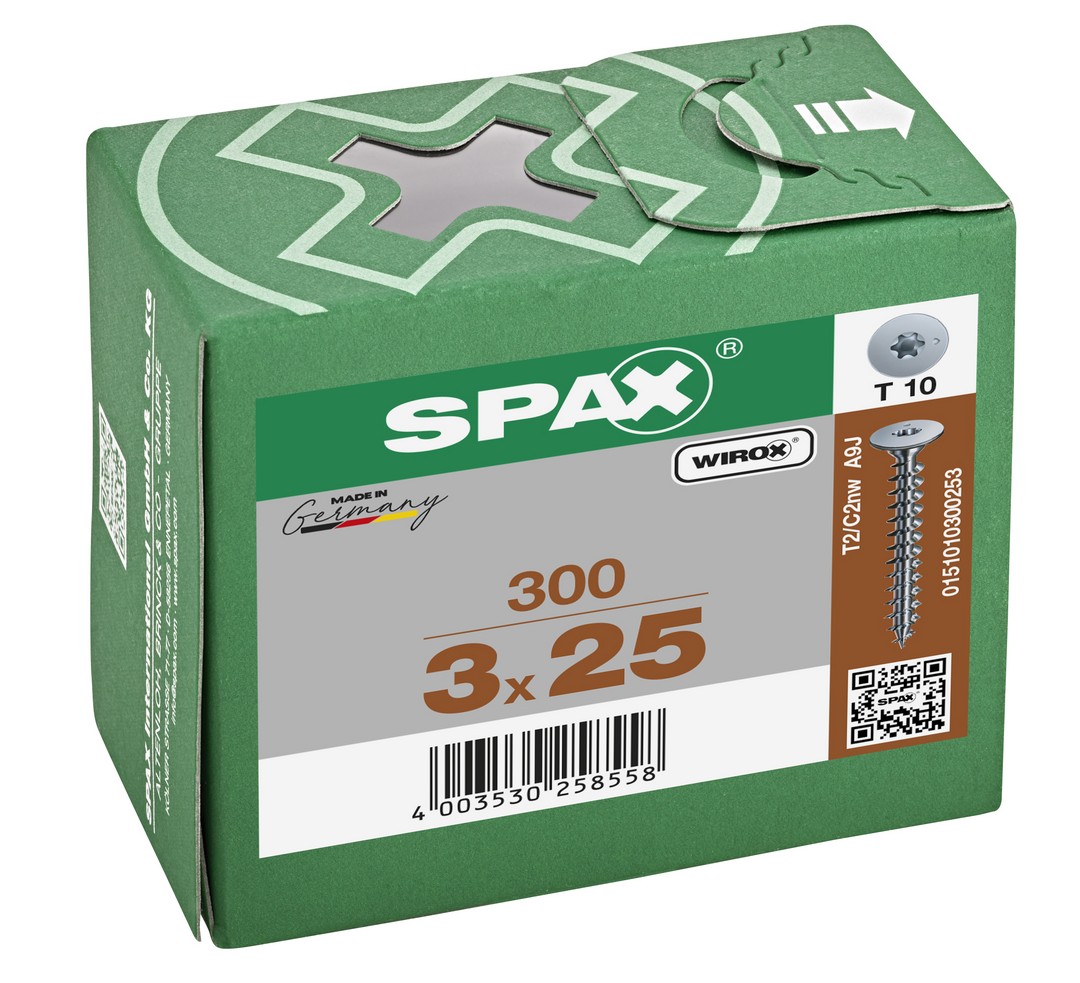 SPAX Cabeza de unión plana para paredes traseras, 3,0 x 25 mm, 300 unidades, rosca completa, cabeza de unión, T-STAR plus, 4CUT, WIROX