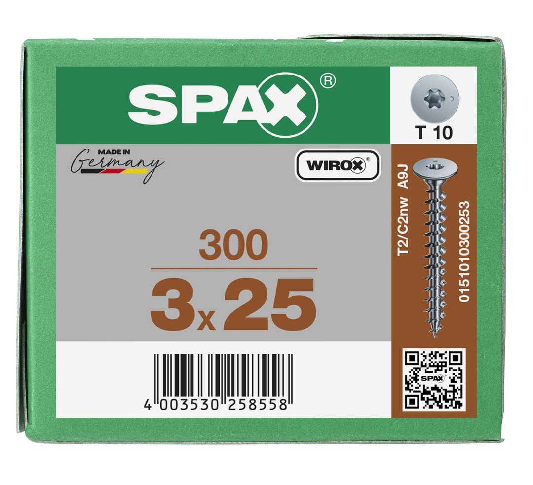 SPAX Cabeza de unión plana para paredes traseras, 3,0 x 25 mm, 300 unidades, rosca completa, cabeza de unión, T-STAR plus, 4CUT, WIROX