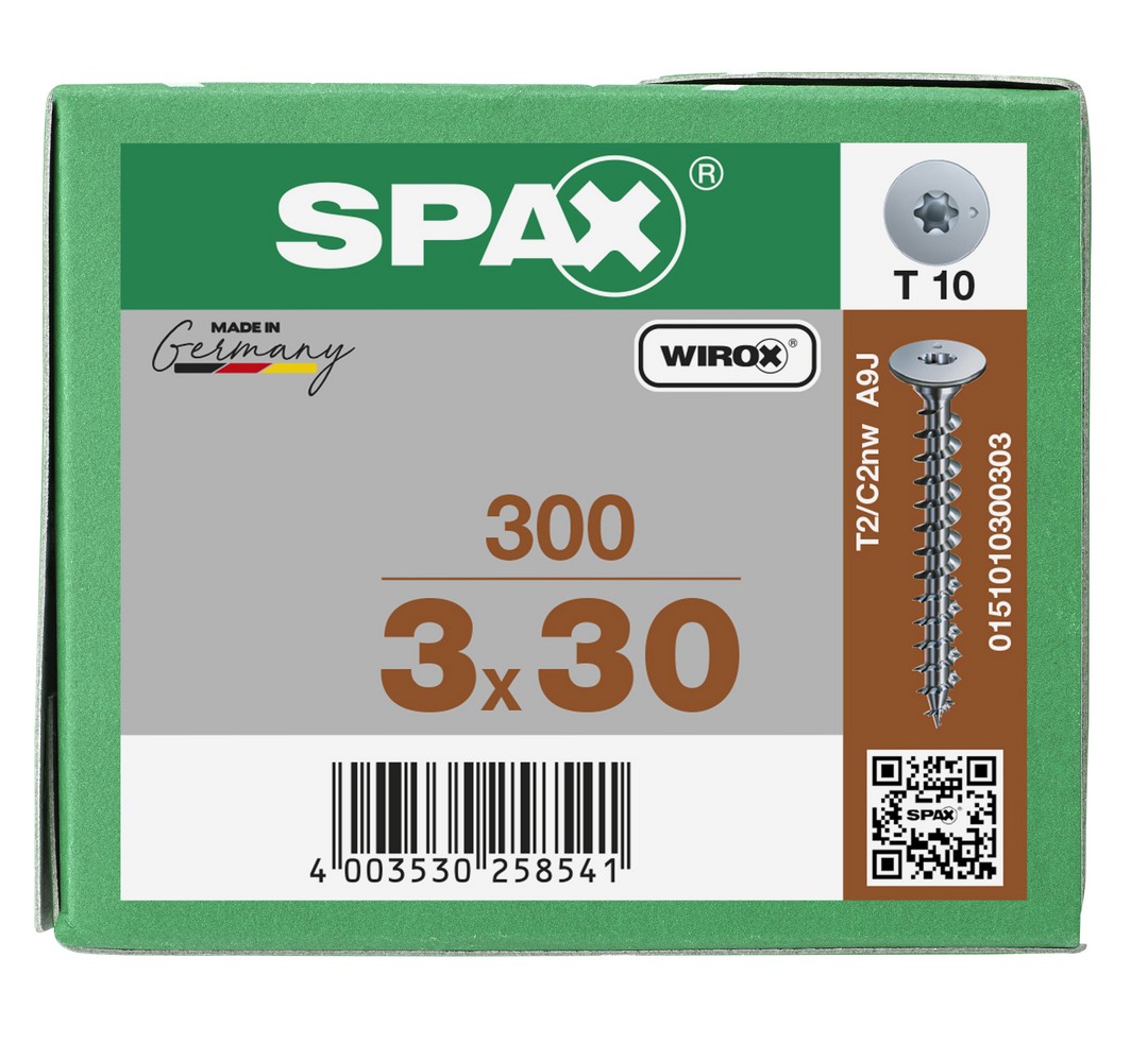 SPAX Cabeza de unión plana para paredes traseras, 3,0 x 30 mm, 300 unidades, rosca completa, cabeza de unión, T-STAR plus, 4CUT, WIROX