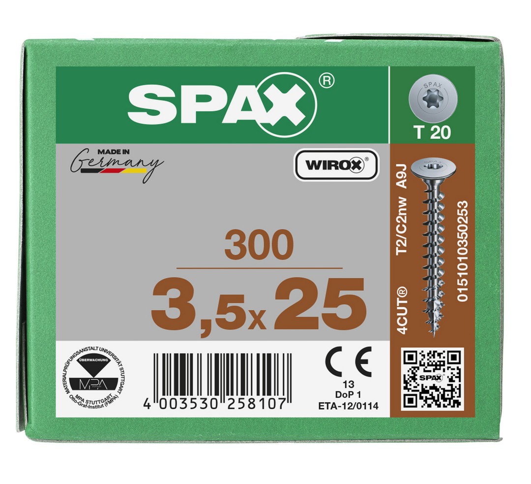 SPAX Cabeza de unión plana para paredes traseras, 3,5 x 25 mm, 300 unidades, rosca completa, cabeza de unión, T-STAR plus, 4CUT, WIROX