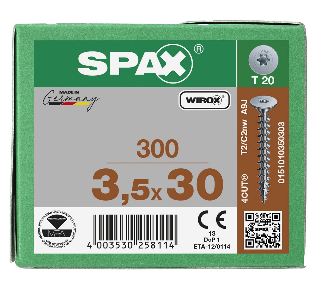 SPAX Cabeza de unión plana para paredes traseras, 3,5 x 30 mm, 300 unidades, rosca completa, cabeza de unión, T-STAR plus, 4CUT, WIROX