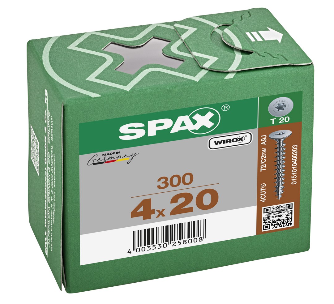 SPAX Cabeza de unión plana para paredes traseras, 4x 20 mm, 300 unidades, rosca completa, cabeza de unión, T-STAR plus, 4CUT, WIROX