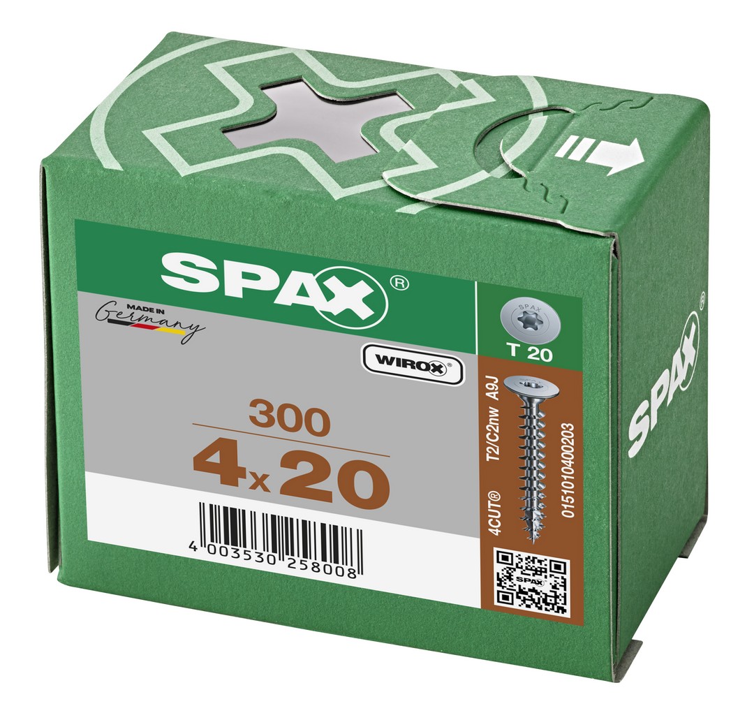 SPAX Cabeza de unión plana para paredes traseras, 4x 20 mm, 300 unidades, rosca completa, cabeza de unión, T-STAR plus, 4CUT, WIROX