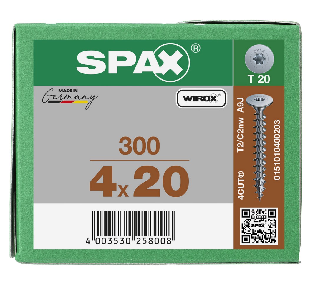 SPAX Cabeza de unión plana para paredes traseras, 4x 20 mm, 300 unidades, rosca completa, cabeza de unión, T-STAR plus, 4CUT, WIROX