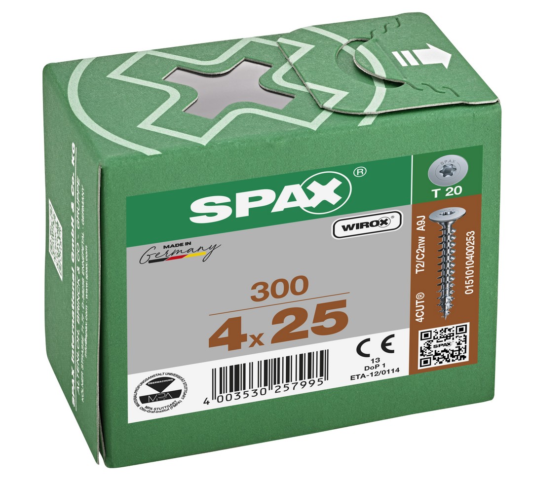 SPAX Cabeza de unión plana para paredes traseras, 4,0 x 25, 300 unidades, rosca completa, cabeza de unión, T-STAR plus, 4CUT, WIROX