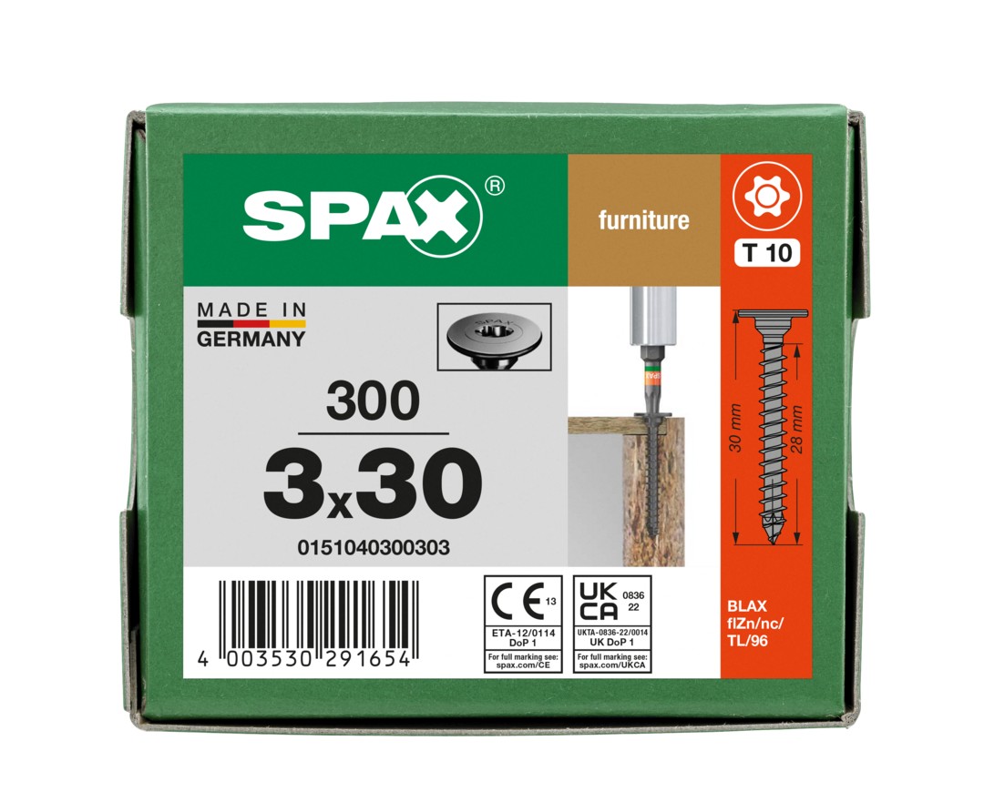 Cabezal plano SPAX para paneles traseros, 3,0 x 30 mm, 300 piezas, totalmente roscado, cabezal para paneles traseros, T-STAR plus, punta en S, WIROX