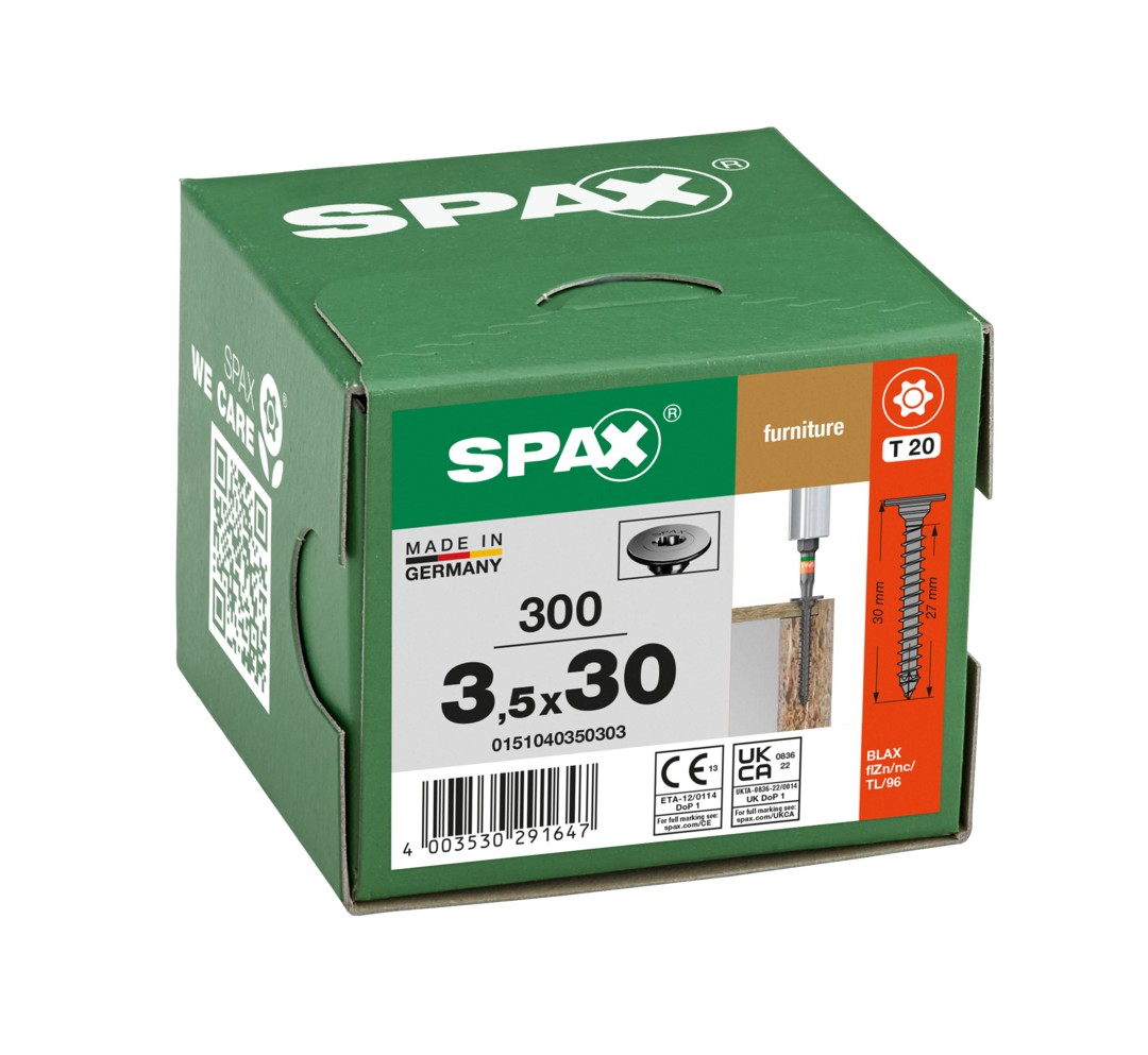 Cabeza de placa posterior plana SPAX, 3,5 x 30 mm, 300 piezas, totalmente roscada, cabeza de placa posterior, T-STAR plus, 4CUT, WIROX
