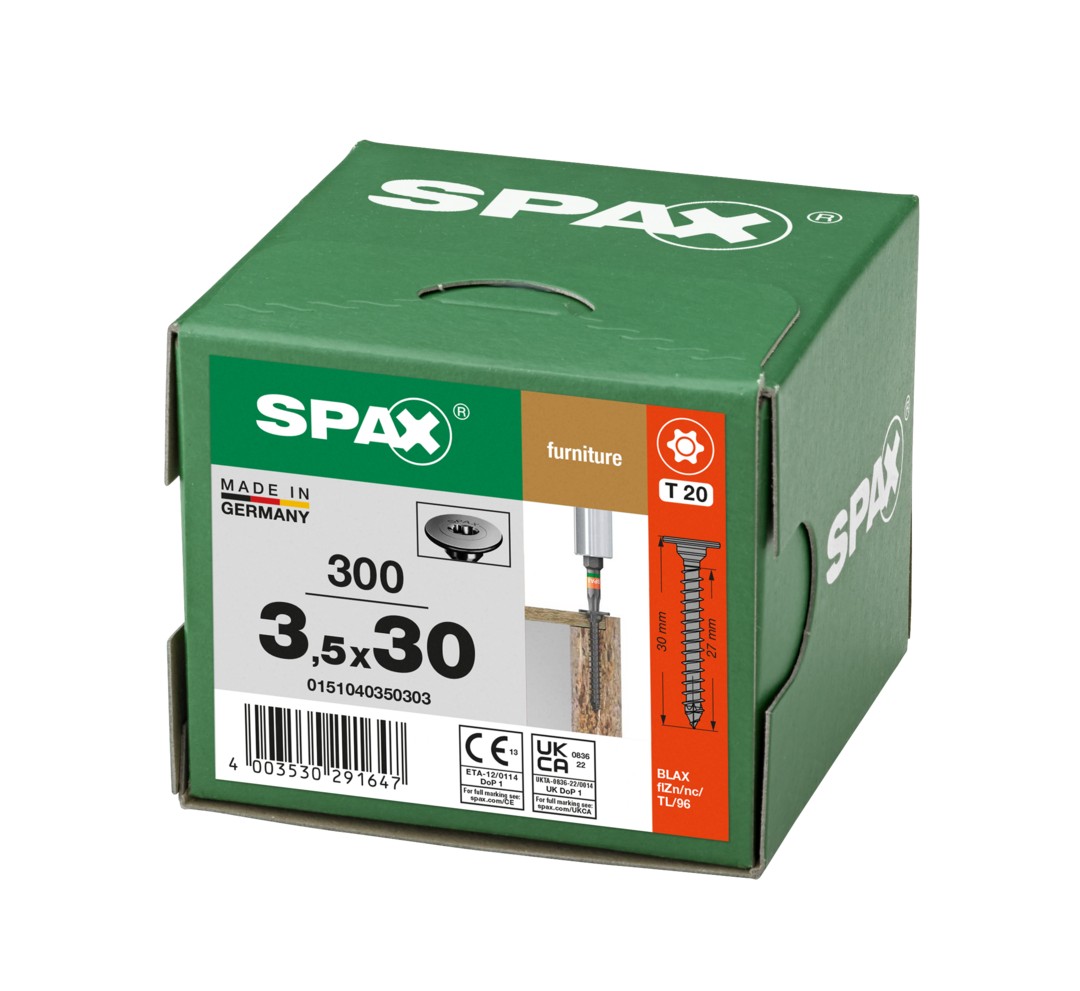 Cabeza de placa posterior plana SPAX, 3,5 x 30 mm, 300 piezas, totalmente roscada, cabeza de placa posterior, T-STAR plus, 4CUT, WIROX