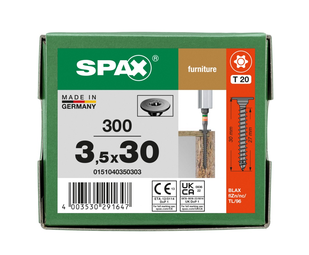 Cabeza de placa posterior plana SPAX, 3,5 x 30 mm, 300 piezas, totalmente roscada, cabeza de placa posterior, T-STAR plus, 4CUT, WIROX